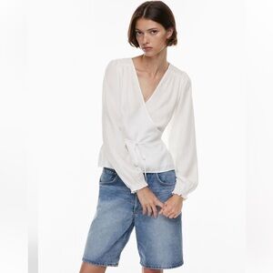 Aritzia Wilfred Gracious Tie Waist V Neck Long Sleeve Blouse Small White